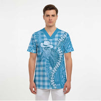 Blue Hawaii Palaka Cowboy Turtle Scrub Top Hawaiian Paniolo Puakenikeni Maile Lei - Polynesian Pride
