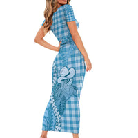 Blue Hawaii Palaka Cowboy Turtle Short Sleeve Bodycon Dress Hawaiian Paniolo Puakenikeni Maile Lei - Polynesian Pride