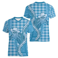 Blue Hawaii Palaka Cowboy Turtle Women V-Neck T-Shirt Hawaiian Paniolo Puakenikeni Maile Lei - Polynesian Pride