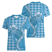Blue Hawaii Palaka Cowboy Turtle Women V-Neck T-Shirt Hawaiian Paniolo Puakenikeni Maile Lei - Polynesian Pride