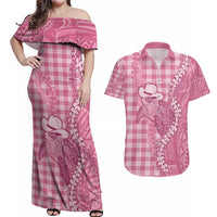 Pink Hawaii Palaka Cowboy Turtle Couples Matching Off Shoulder Maxi Dress and Hawaiian Shirt Hawaiian Paniolo Puakenikeni Maile Lei - Polynesian Pride
