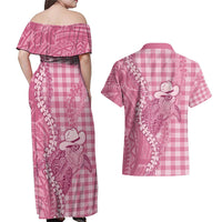 Pink Hawaii Palaka Cowboy Turtle Couples Matching Off Shoulder Maxi Dress and Hawaiian Shirt Hawaiian Paniolo Puakenikeni Maile Lei - Polynesian Pride