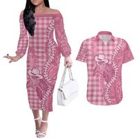 Pink Hawaii Palaka Cowboy Turtle Couples Matching Off The Shoulder Long Sleeve Dress and Hawaiian Shirt Hawaiian Paniolo Puakenikeni Maile Lei - Polynesian Pride