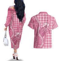 Pink Hawaii Palaka Cowboy Turtle Couples Matching Off The Shoulder Long Sleeve Dress and Hawaiian Shirt Hawaiian Paniolo Puakenikeni Maile Lei - Polynesian Pride