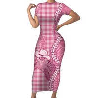 Pink Hawaii Palaka Cowboy Turtle Family Matching Short Sleeve Bodycon Dress and Hawaiian Shirt Hawaiian Paniolo Puakenikeni Maile Lei DT05 Mom's Dress Pink - Polynesian Pride