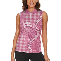 Pink Hawaii Palaka Cowboy Turtle Women Sleeveless Polo Shirt Hawaiian Paniolo Puakenikeni Maile Lei - Polynesian Pride