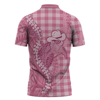 Pink Hawaii Palaka Cowboy Turtle Zipper Polo Shirt Hawaiian Paniolo Puakenikeni Maile Lei - Polynesian Pride