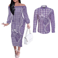 Purple Hawaii Palaka Cowboy Turtle Couples Matching Off The Shoulder Long Sleeve Dress and Long Sleeve Button Shirt Hawaiian Paniolo Puakenikeni Maile Lei - Polynesian Pride