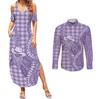 Purple Hawaii Palaka Cowboy Turtle Couples Matching Summer Maxi Dress and Long Sleeve Button Shirt Hawaiian Paniolo Puakenikeni Maile Lei - Polynesian Pride