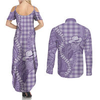 Purple Hawaii Palaka Cowboy Turtle Couples Matching Summer Maxi Dress and Long Sleeve Button Shirt Hawaiian Paniolo Puakenikeni Maile Lei DT05 - Polynesian Pride