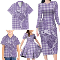 Purple Hawaii Palaka Cowboy Turtle Family Matching Long Sleeve Bodycon Dress and Hawaiian Shirt Hawaiian Paniolo Puakenikeni Maile Lei DT05 - Polynesian Pride
