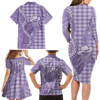 Purple Hawaii Palaka Cowboy Turtle Family Matching Long Sleeve Bodycon Dress and Hawaiian Shirt Hawaiian Paniolo Puakenikeni Maile Lei - Polynesian Pride