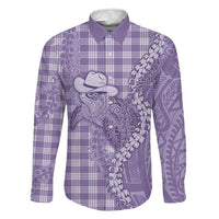 Purple Hawaii Palaka Cowboy Turtle Family Matching Off The Shoulder Long Sleeve Dress and Hawaiian Shirt Hawaiian Paniolo Puakenikeni Maile Lei DT05 Dad's Shirt - Long Sleeve Purple - Polynesian Pride