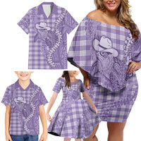Purple Hawaii Palaka Cowboy Turtle Family Matching Off Shoulder Short Dress and Hawaiian Shirt Hawaiian Paniolo Puakenikeni Maile Lei DT05 - Polynesian Pride