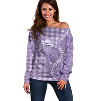 Purple Hawaii Palaka Cowboy Turtle Off Shoulder Sweater Hawaiian Paniolo Puakenikeni Maile Lei - Polynesian Pride