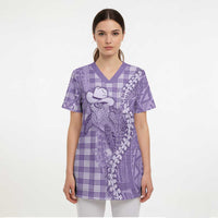 Purple Hawaii Palaka Cowboy Turtle Scrub Top Hawaiian Paniolo Puakenikeni Maile Lei - Polynesian Pride