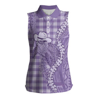 Purple Hawaii Palaka Cowboy Turtle Women Sleeveless Polo Shirt Hawaiian Paniolo Puakenikeni Maile Lei - Polynesian Pride