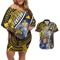 Personalised Tokelau Couples Matching Off Shoulder Short Dress and Hawaiian Shirt National Badge Waves Style