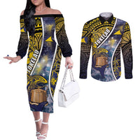 Personalised Tokelau Couples Matching Off The Shoulder Long Sleeve Dress and Long Sleeve Button Shirt National Badge Waves Style