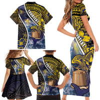 Personalised Tokelau Family Matching Short Sleeve Bodycon Dress and Hawaiian Shirt National Badge Waves Style