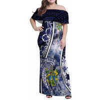 Personalised Pitcairn Islands Family Matching Off Shoulder Maxi Dress and Hawaiian Shirt Coat Of Arms Waves Style