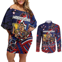 Personalised Samoa Wrestling Couples Matching Off Shoulder Short Dress and Long Sleeve Button Shirt Polynesian Warrior Funny Style - Polynesian Pride