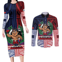 Personalised Samoa Boxing Couples Matching Long Sleeve Bodycon Dress and Long Sleeve Button Shirt Samoan Boxer Funny Style - Polynesian Pride