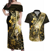Personalised Niue Couples Matching Off Shoulder Maxi Dress and Hawaiian Shirt Niuean Crab Waves Style DT05 Gold - Polynesian Pride