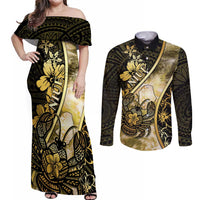 Personalised Niue Couples Matching Off Shoulder Maxi Dress and Long Sleeve Button Shirt Niuean Crab Waves Style