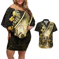 Personalised Niue Couples Matching Off Shoulder Short Dress and Hawaiian Shirt Niuean Crab Waves Style DT05 Gold - Polynesian Pride