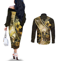 Personalised Niue Couples Matching Off The Shoulder Long Sleeve Dress and Long Sleeve Button Shirt Niuean Crab Waves Style DT05 - Polynesian Pride