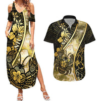Personalised Niue Couples Matching Summer Maxi Dress and Hawaiian Shirt Niuean Crab Waves Style DT05 Gold - Polynesian Pride
