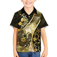 Personalised Niue Family Matching Off Shoulder Maxi Dress and Hawaiian Shirt Niuean Crab Waves Style DT05 Son's Shirt Gold - Polynesian Pride