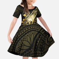 Personalised Niue Family Matching Short Sleeve Bodycon Dress and Hawaiian Shirt Niuean Crab Waves Style DT05 Daughter's Dress Gold - Polynesian Pride