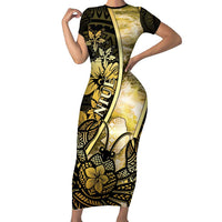 Personalised Niue Family Matching Short Sleeve Bodycon Dress and Hawaiian Shirt Niuean Crab Waves Style DT05 Mom's Dress Gold - Polynesian Pride