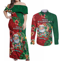 Hawaii Christmas Couples Matching Off Shoulder Maxi Dress and Long Sleeve Button Shirt Mele Kalikimaka Funny Hawaiian Santa DT05 Green - Polynesian Pride