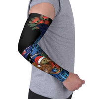 Personalised New Zealand Christmas Arm Sleeves Santa Kiwi Bird With Pohutukawa Flowers - Polynesian Pride