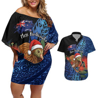Personalised New Zealand Christmas Couples Matching Off Shoulder Short Dress and Hawaiian Shirt Santa Kiwi Bird With Pohutukawa Flowers - Polynesian Pride