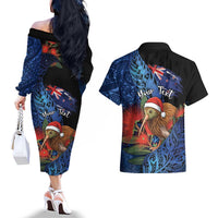 Personalised New Zealand Christmas Couples Matching Off The Shoulder Long Sleeve Dress and Hawaiian Shirt Santa Kiwi Bird With Pohutukawa Flowers DT05 - Polynesian Pride