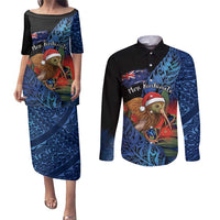Personalised New Zealand Christmas Couples Matching Puletasi and Long Sleeve Button Shirt Santa Kiwi Bird With Pohutukawa Flowers DT05 Navy - Polynesian Pride