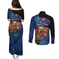 Personalised New Zealand Christmas Couples Matching Puletasi and Long Sleeve Button Shirt Santa Kiwi Bird With Pohutukawa Flowers DT05 - Polynesian Pride