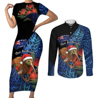 Personalised New Zealand Christmas Couples Matching Short Sleeve Bodycon Dress and Long Sleeve Button Shirt Santa Kiwi Bird With Pohutukawa Flowers DT05 Navy - Polynesian Pride