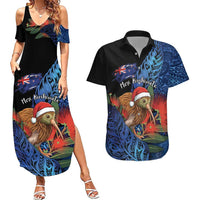 Personalised New Zealand Christmas Couples Matching Summer Maxi Dress and Hawaiian Shirt Santa Kiwi Bird With Pohutukawa Flowers - Polynesian Pride