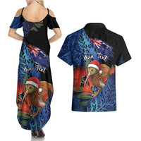 Personalised New Zealand Christmas Couples Matching Summer Maxi Dress and Hawaiian Shirt Santa Kiwi Bird With Pohutukawa Flowers - Polynesian Pride