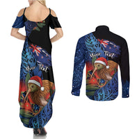Personalised New Zealand Christmas Couples Matching Summer Maxi Dress and Long Sleeve Button Shirt Santa Kiwi Bird With Pohutukawa Flowers DT05 - Polynesian Pride