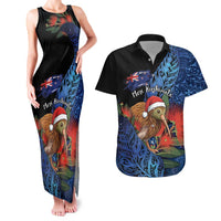 Personalised New Zealand Christmas Couples Matching Tank Maxi Dress and Hawaiian Shirt Santa Kiwi Bird With Pohutukawa Flowers DT05 Navy - Polynesian Pride