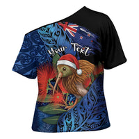 Personalised New Zealand Christmas Cross Shoulder Shirt Santa Kiwi Bird With Pohutukawa Flowers - Polynesian Pride