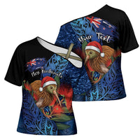 Personalised New Zealand Christmas Cross Shoulder Shirt Santa Kiwi Bird With Pohutukawa Flowers DT05 - Polynesian Pride