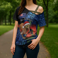 Personalised New Zealand Christmas Cross Shoulder Shirt Santa Kiwi Bird With Pohutukawa Flowers DT05 - Polynesian Pride