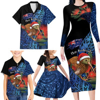 Personalised New Zealand Christmas Family Matching Long Sleeve Bodycon Dress and Hawaiian Shirt Santa Kiwi Bird With Pohutukawa Flowers DT05 - Polynesian Pride